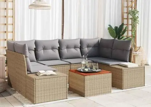 Set de canapea de grădină cu 7 piese , cu perne din rattan sintetic bej și lemn de acacia. - 1/5