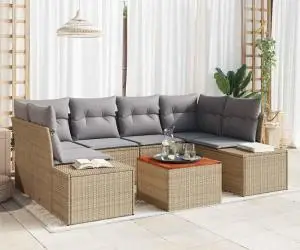 vidaXL Set de canapea de grădină cu 7 piese , cu perne din rattan sintetic bej și lemn de acacia.