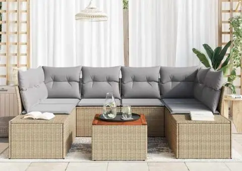 Set de canapea de grădină cu 7 piese , cu perne din rattan sintetic bej și lemn de acacia. - 3/5