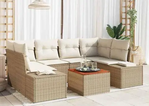 Set de canapele de grădină din 7 piese cu perne bej din ratan polyester și lemn de acacia. - 1/5
