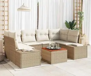 vidaXL Set de canapele de grădină din 7 piese cu perne bej din ratan polyester și lemn de acacia.