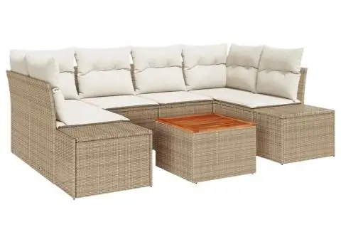 Set de canapele de grădină din 7 piese cu perne bej din ratan polyester și lemn de acacia. - 2/5