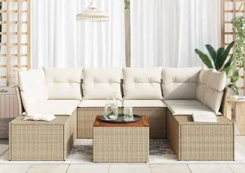 Set de canapele de grădină din 7 piese cu perne bej din ratan polyester și lemn de acacia. - 3/5