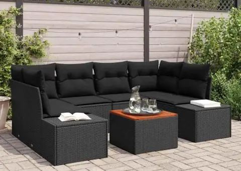 Set canapele grădină , 7 piese, cu perne, rattan poliester negru, acacia - 1/5
