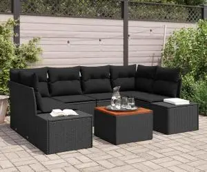 Set canapele grădină , 7 piese, cu perne, rattan poliester negru, acacia