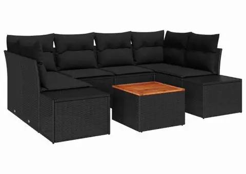 Set canapele grădină , 7 piese, cu perne, rattan poliester negru, acacia - 2/5