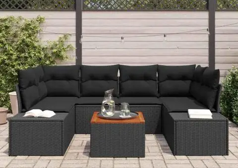 Set canapele grădină , 7 piese, cu perne, rattan poliester negru, acacia - 3/5
