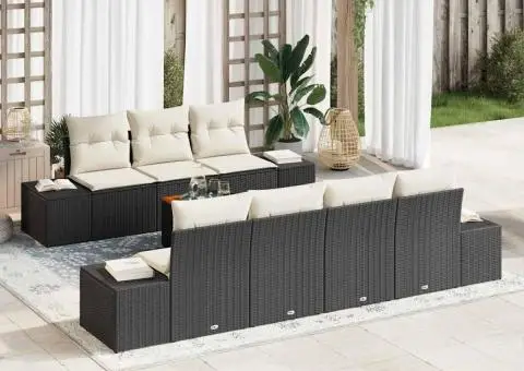 Set de Canapea pentru Grădină cu 8 Piese, cu Perne, Negru, Rattan Poly, Acacia - 1/5
