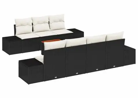 Set de Canapea pentru Grădină cu 8 Piese, cu Perne, Negru, Rattan Poly, Acacia - 2/5