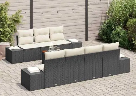 Set de Canapea pentru Grădină cu 8 Piese, cu Perne, Negru, Rattan Poly, Acacia - 3/5