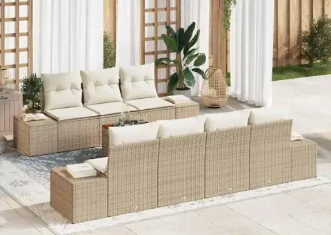 Set de mobilier pentru grădină cu 8 piese și perne, bej, ratan poly, acacia - 1/5