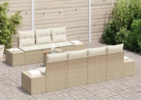 Set de mobilier pentru grădină cu 8 piese și perne, bej, ratan poly, acacia - 3/5