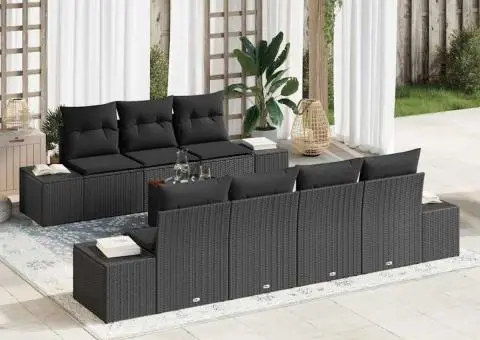 Set de canapele de grădină cu 8 piese și perne, rattan negru, acacia - 1/5
