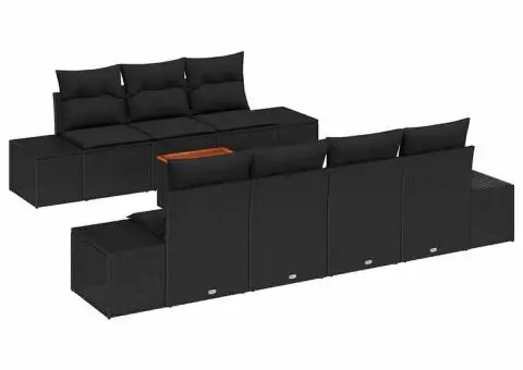Set de canapele de grădină cu 8 piese și perne, rattan negru, acacia - 2/5