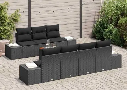 Set de canapele de grădină cu 8 piese și perne, rattan negru, acacia - 3/5