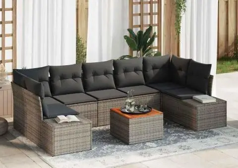 Set de canapele de grădină cu 8 piese și perne, gri, din rattan poliționat și acacia - 1/5