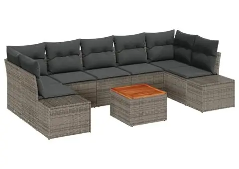 Set de canapele de grădină cu 8 piese și perne, gri, din rattan poliționat și acacia - 2/5