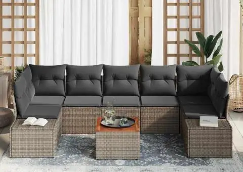 Set de canapele de grădină cu 8 piese și perne, gri, din rattan poliționat și acacia - 3/5