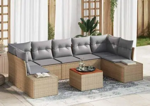 Set de canapele pentru grădină, 8 piese, cu perne bej, din ratan poly și acacia. - 1/5
