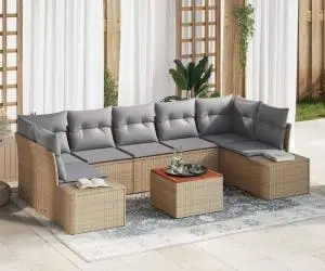vidaXL Set de canapele pentru grădină, 8 piese, cu perne bej, din ratan poly și acacia.