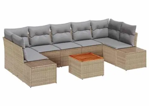 Set de canapele pentru grădină, 8 piese, cu perne bej, din ratan poly și acacia. - 2/5