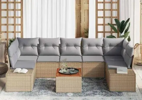 Set de canapele pentru grădină, 8 piese, cu perne bej, din ratan poly și acacia. - 3/5