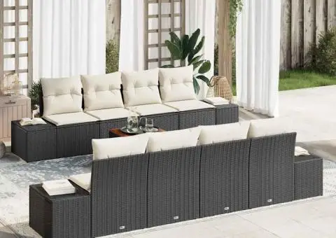 Set de canapea de grădină cu 9 piese și perne din rattan sintetic negru și acacia. - 1/5