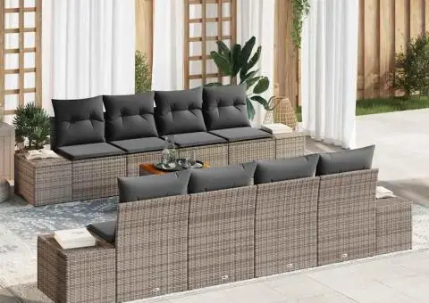 Set de canapea de grădină, 9 piese și perne, gri, din poliratan și acacia - 1/5