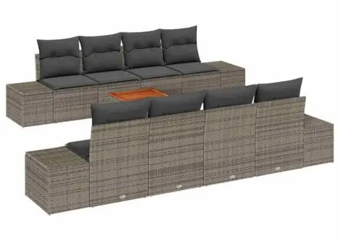 Set de canapea de grădină, 9 piese și perne, gri, din poliratan și acacia - 2/5