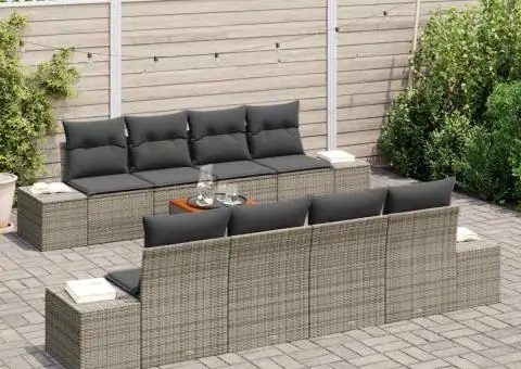 Set de canapea de grădină, 9 piese și perne, gri, din poliratan și acacia - 3/5