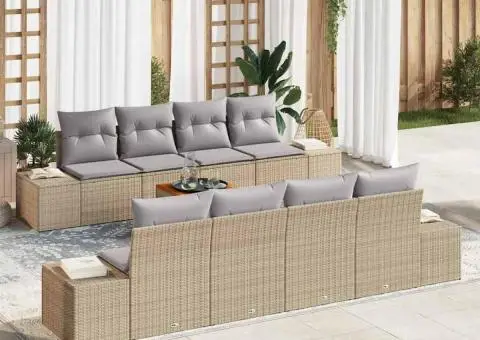 Set de canapea pentru grădină, 9 piese, cu perne, din ratan sintetic, acacia, bej. - 1/5