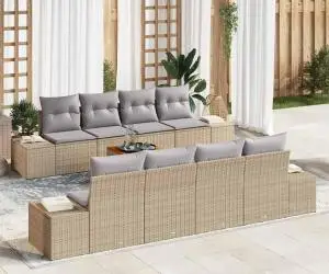 Set de canapea pentru grădină, 9 piese, cu perne, din ratan sintetic, acacia, bej.