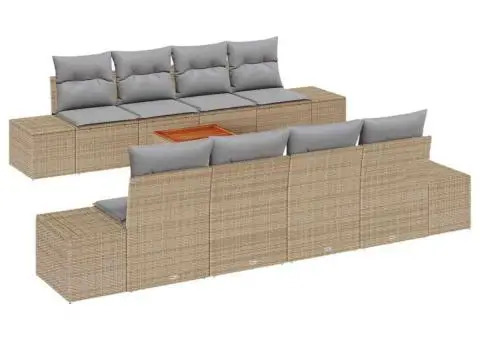 Set de canapea pentru grădină, 9 piese, cu perne, din ratan sintetic, acacia, bej. - 2/5