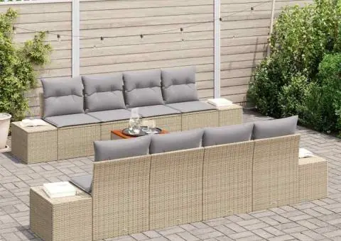 Set de canapea pentru grădină, 9 piese, cu perne, din ratan sintetic, acacia, bej. - 3/5