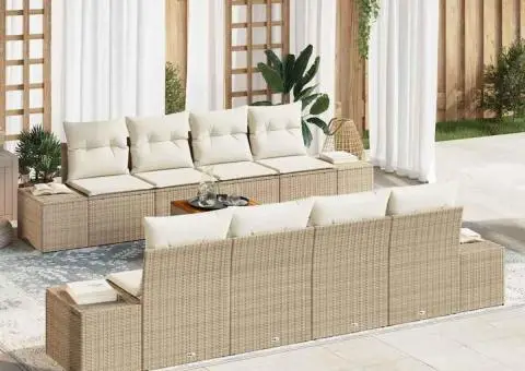 Set canapea de grădină 9 piese cu perne bej, rattan sintetic, acacia - 1/5