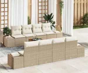 Set canapea de grădină 9 piese cu perne bej, rattan sintetic, acacia