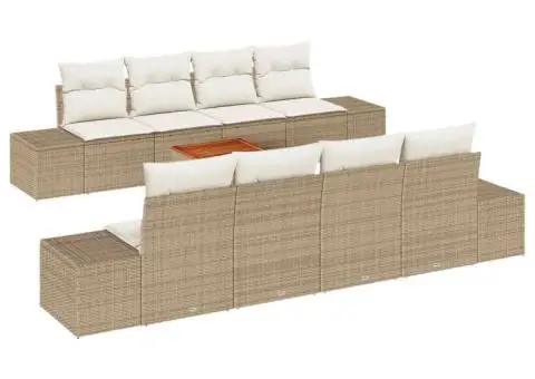 Set canapea de grădină 9 piese cu perne bej, rattan sintetic, acacia - 2/5