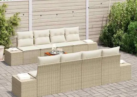 Set canapea de grădină 9 piese cu perne bej, rattan sintetic, acacia - 3/5