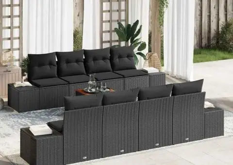 Set de canapea de grădină , 9 piese, cu perne, ratan sintetic negru, acacia. - 1/5