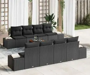 Set de canapea de grădină , 9 piese, cu perne, ratan sintetic negru, acacia.