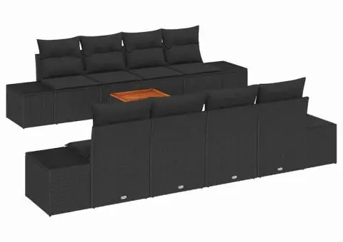Set de canapea de grădină , 9 piese, cu perne, ratan sintetic negru, acacia. - 2/5