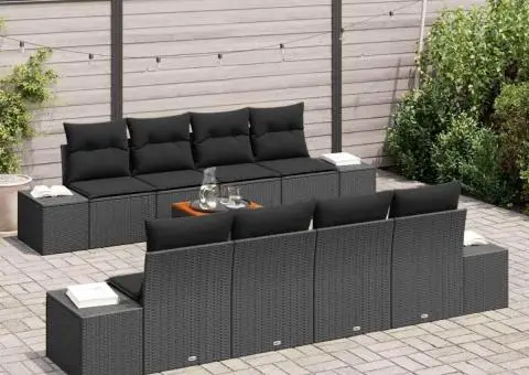 Set de canapea de grădină , 9 piese, cu perne, ratan sintetic negru, acacia. - 3/5