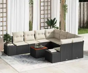 Set de canapele pentru grădină, 9 piese, cu perne, din rattan sintetic și acacia.