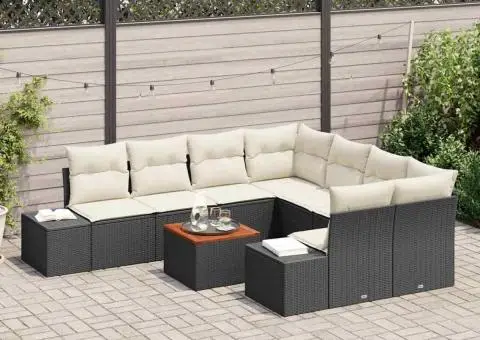 Set de canapele pentru grădină, 9 piese, cu perne, din rattan sintetic și acacia. - 3/5