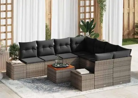 Set de Canapea de Grădină de 9 piese cu perne gri din ratan și masă din lemn de acacia. - 1/5