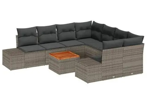 Set de Canapea de Grădină de 9 piese cu perne gri din ratan și masă din lemn de acacia. - 2/5
