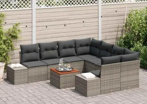 Set de Canapea de Grădină de 9 piese cu perne gri din ratan și masă din lemn de acacia. - 3/5