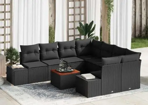 Set Canapele de Grădină 9 Piese, cu Perne, Ratan Poliester Negru, Acacia - 1/5