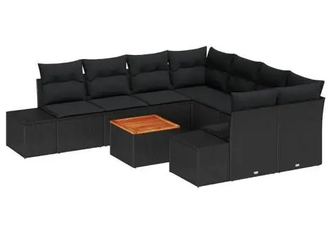 Set Canapele de Grădină 9 Piese, cu Perne, Ratan Poliester Negru, Acacia - 2/5