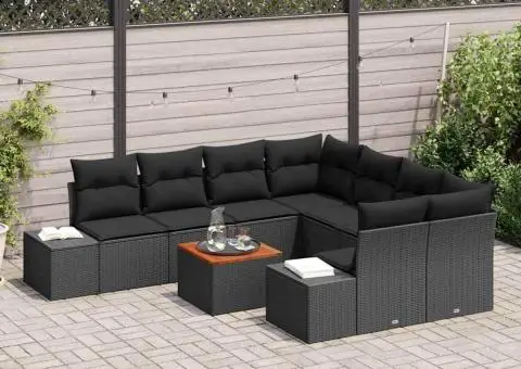Set Canapele de Grădină 9 Piese, cu Perne, Ratan Poliester Negru, Acacia - 3/5
